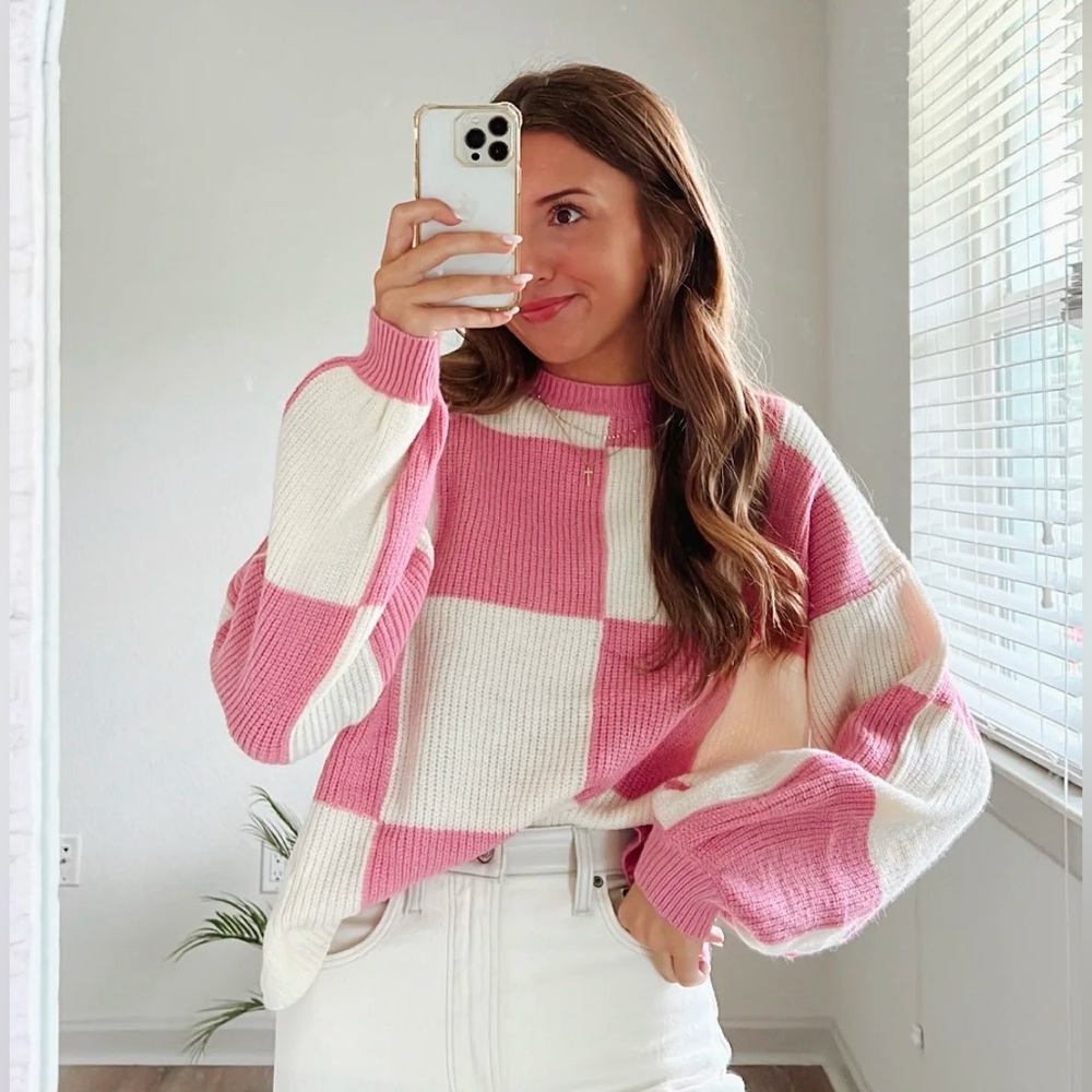 Pink Checkered Knit Sweater